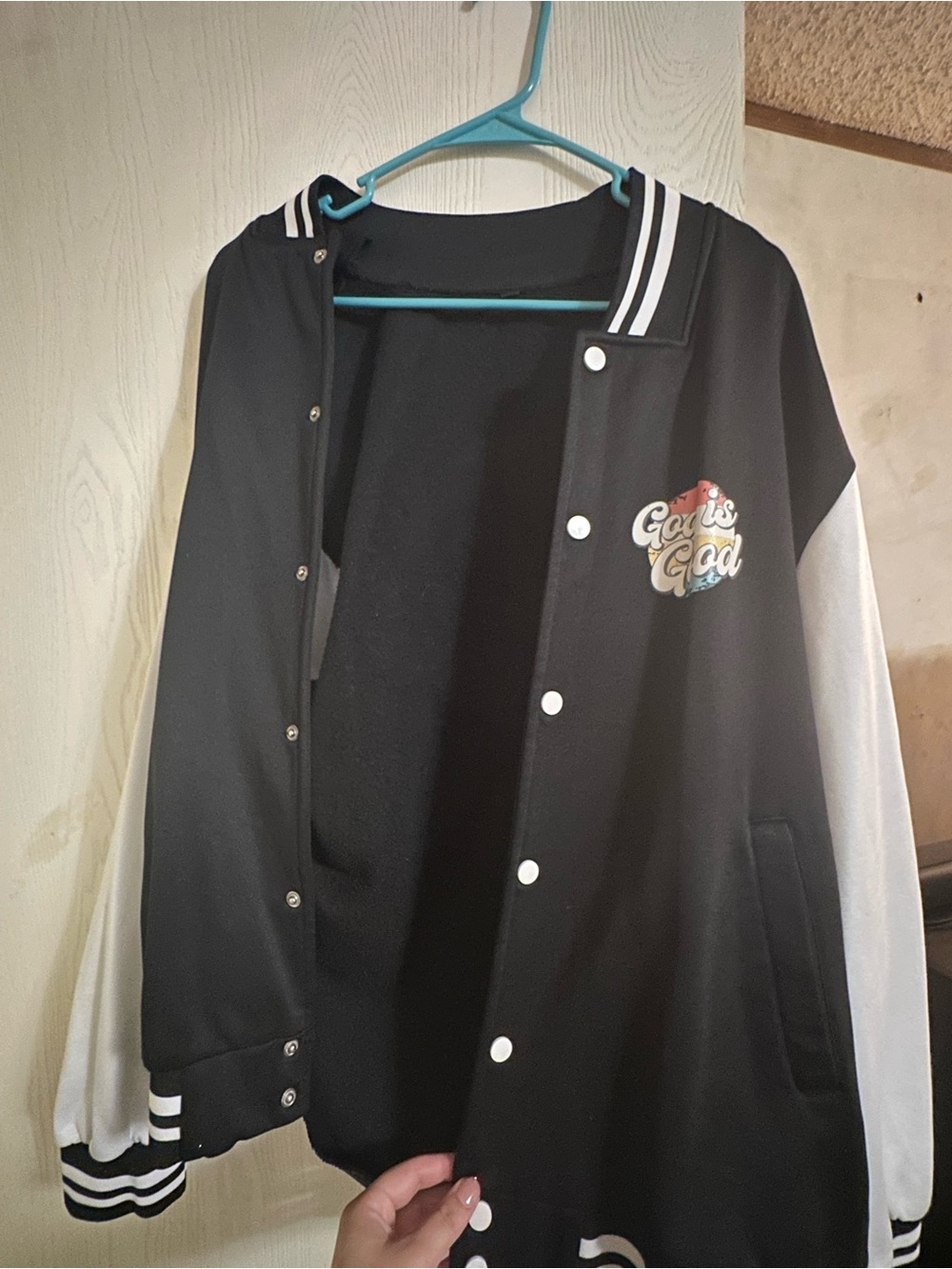 SHEIN Black and White Varsity Jacket with 'God is Good' Patch